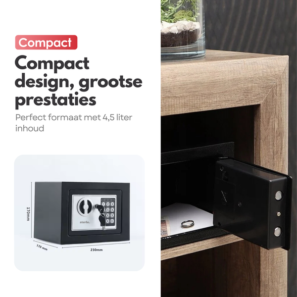 Coffre-fort électronique Sterla avec serrure à combinaison – Inclut 2 clés de secours et le matériel de montage – Sûr et fiable – Noir – 23 x 17 x 17 cm