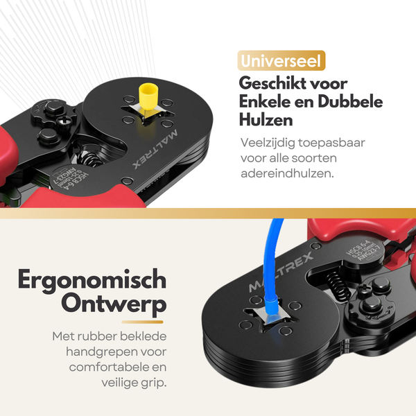 Maltrex Adereindhulstang incl. 1200 Adereindhulzen – Professionele Krimptang – Voor 0,25-10mm² Draden – Comfortabel en Veelzijdig