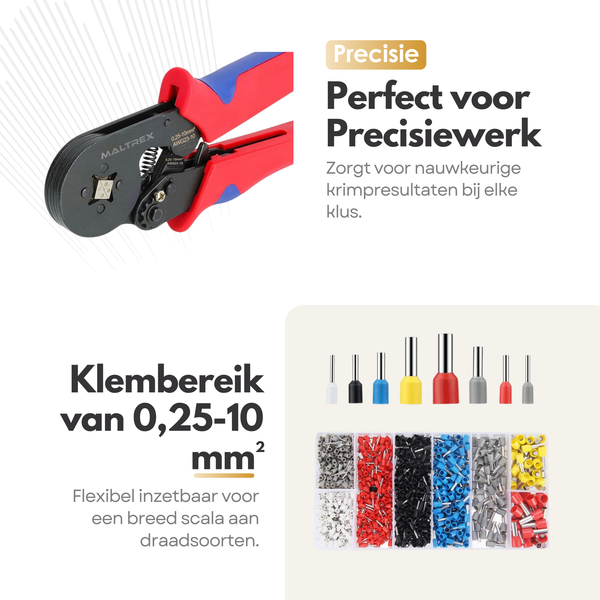 Maltrex Adereindhulstang incl. 1200 Adereindhulzen – Professionele Krimptang – Voor 0,25-10mm² Draden – Comfortabel en Veelzijdig