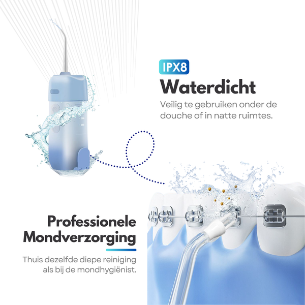 4in1 Mini Draagbare Travel Waterflosser – 3 Standen Water Flosser – USB-C – Compact Reismodel – 4 Mondstukken – 200ml Reservoir
