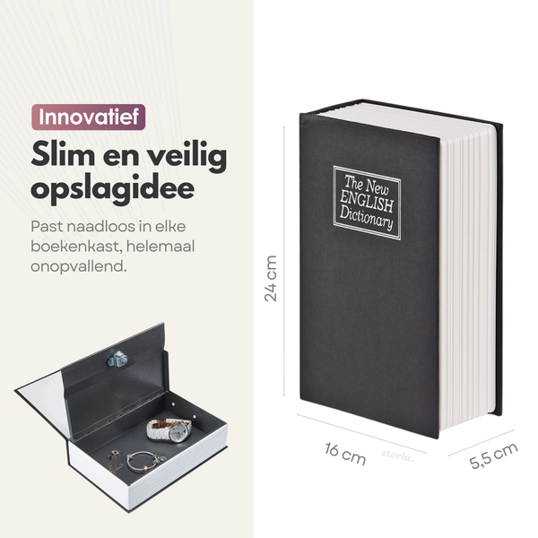 Sterla Boekkluis – Discrete Geldkluis in Boekvorm – Veilig Geldkistje Met Sleutel – Compact Ontwerp 24 x 16 x 55 cm – Zwart