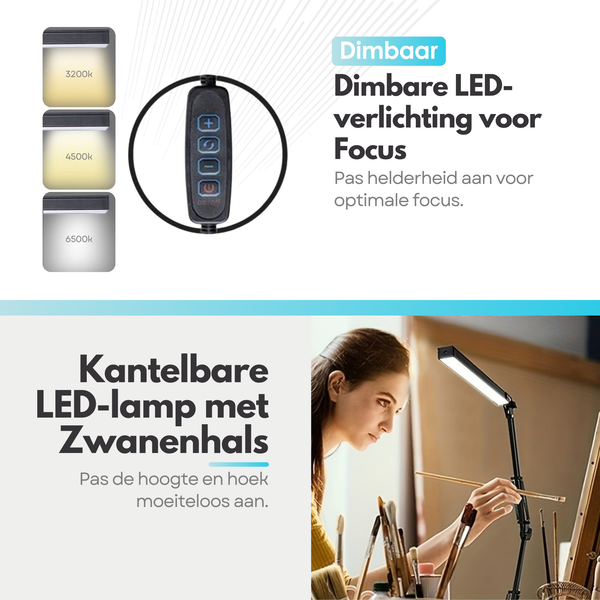 Adjustable LED Desk Lamp - 3 Light Settings - Dimmable - Adjustable - With Clamp Mounting - Black