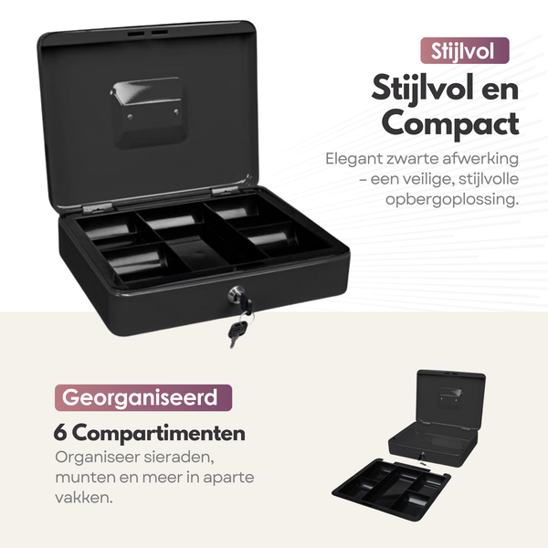 Sterla Geldkist – Geldkistje Metaal 30 x 24 x 9 cm – Robuuste Geldlade met Biljetten- en Muntenbak – Zwart