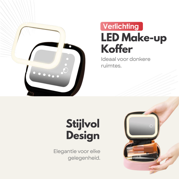 Draagbare Luxe Beautycase Tas met Spiegel & LED Verlichting – Perfecte Make-up Koffer Organizer voor Dames - Roze