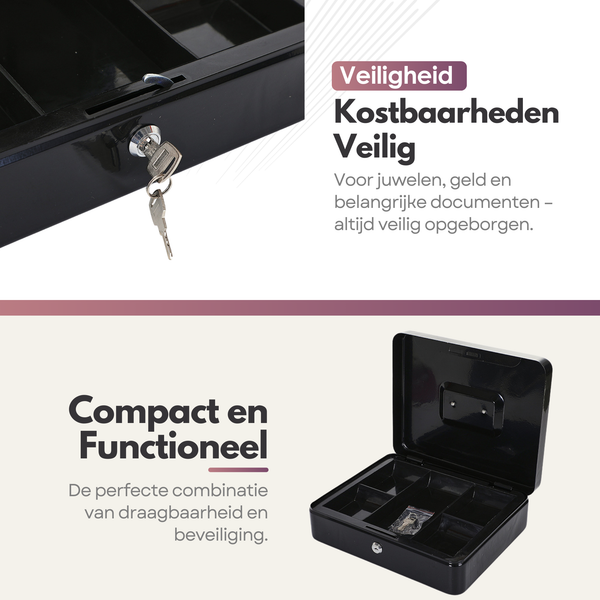 Sterla Geldkist – Geldkistje Metaal 30 x 24 x 9 cm – Robuuste Geldlade met Biljetten- en Muntenbak – Zwart