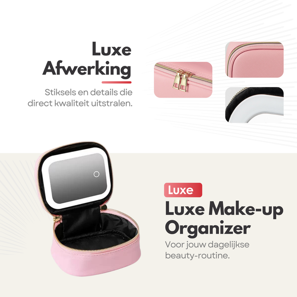 Draagbare Luxe Beautycase Tas met Spiegel & LED Verlichting – Perfecte Make-up Koffer Organizer voor Dames - Roze
