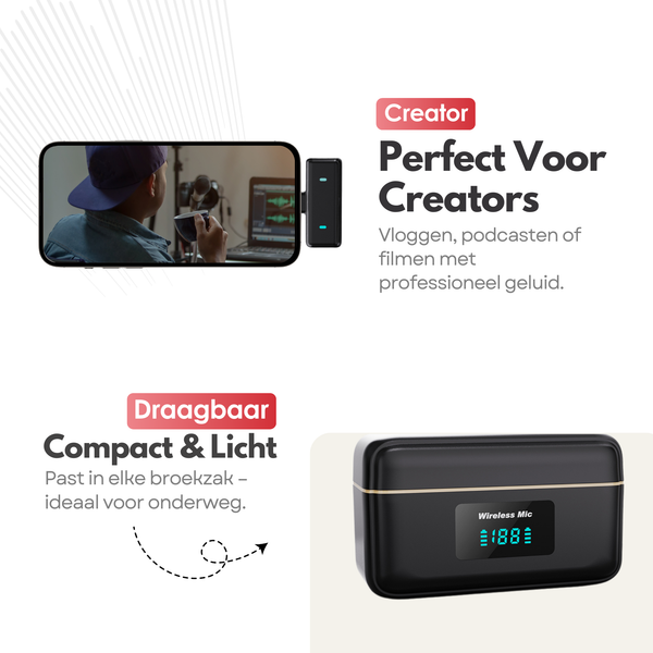 Draadloze Microfoonset – Professionele Draadloze Microfoons met Ruisonderdrukking – iPhone, Android & Camera