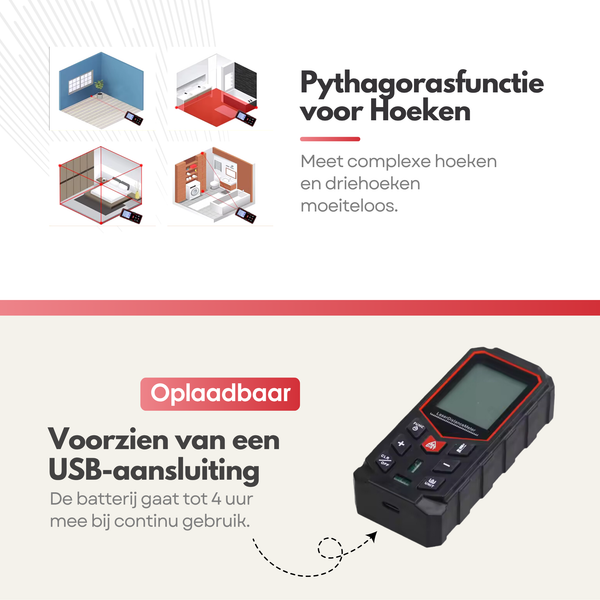 Oplaadbare Laser Afstandsmeter Digitaal – Nauwkeurige Lasermeter tot 50 Meter – 2 Waterpassen - Met Geheugen Metingen Opslaan - USB C
