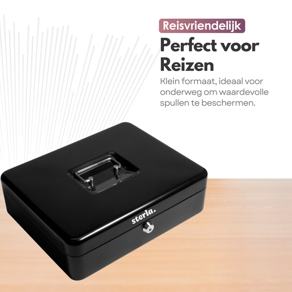 Sterla Geldkist – Geldkistje Metaal 30 x 24 x 9 cm – Robuuste Geldlade met Biljetten- en Muntenbak – Zwart