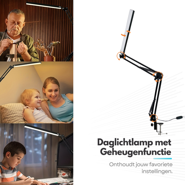 Adjustable LED Desk Lamp - 3 Light Settings - Dimmable - Adjustable - With Clamp Mounting - Black