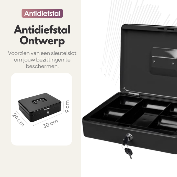 Sterla Geldkist – Geldkistje Metaal 30 x 24 x 9 cm – Robuuste Geldlade met Biljetten- en Muntenbak – Zwart