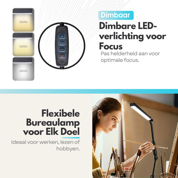 Adjustable LED Desk Lamp - 3 Light Settings - Dimmable - Adjustable - With Clamp Mounting - Black