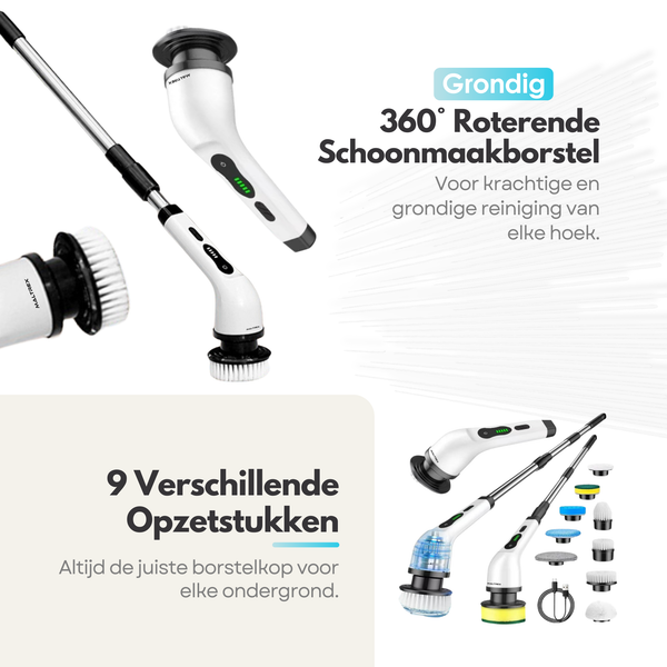 Maltrex Draadloze Elektrische Schrobborstel Set – Schoonmaakborstel met Verlengde Steel – 9 Borstel Opzetstukken – Waterbestendig IPX6 - Accu