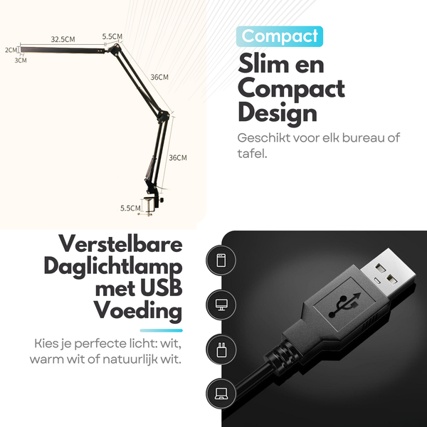 Adjustable LED Desk Lamp - 3 Light Settings - Dimmable - Adjustable - With Clamp Mounting - Black
