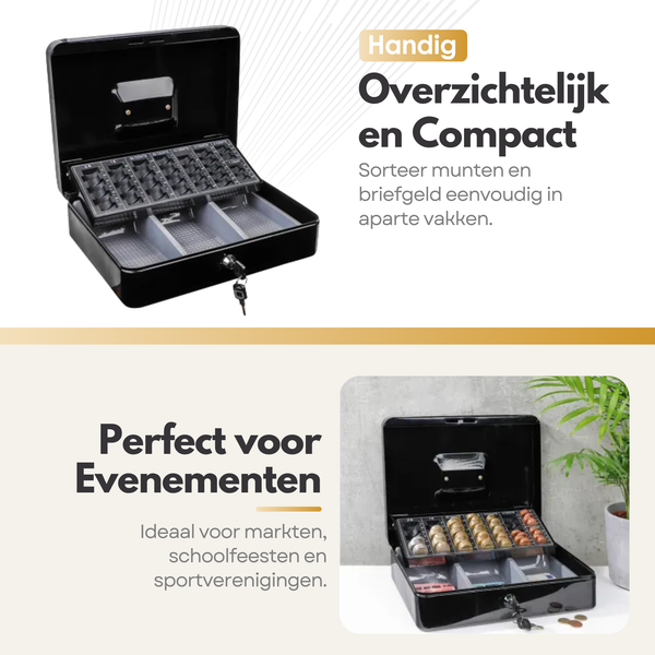 Sterla Geldkist – Met Sleutel en Muntsorteerder – Geldkistje Metaal 30 x 24 x 9 cm – Robuuste Geldlade met Biljetten- en Muntenbak – Zwart