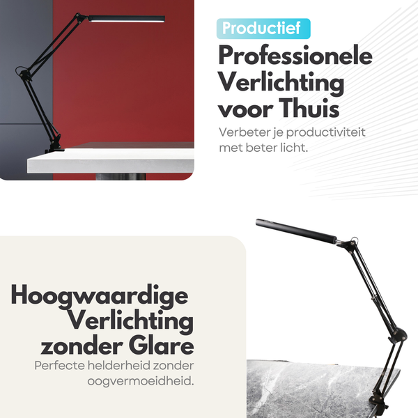 Adjustable LED Desk Lamp - 3 Light Settings - Dimmable - Adjustable - With Clamp Mounting - Black