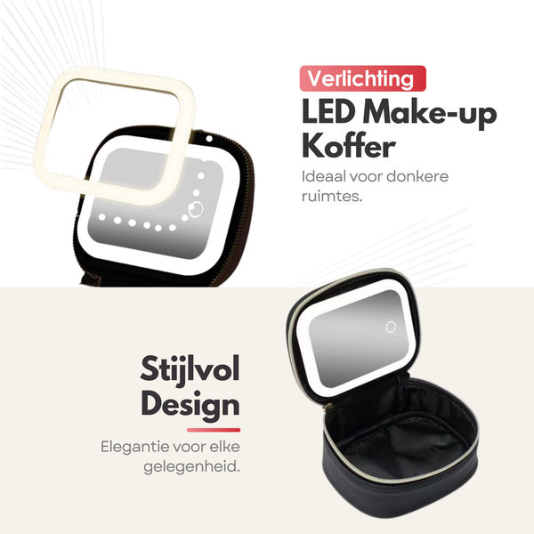 Draagbare Luxe Beautycase Tas met Spiegel & LED Verlichting – Perfecte Make-up Koffer Organizer voor Dames - Zwart