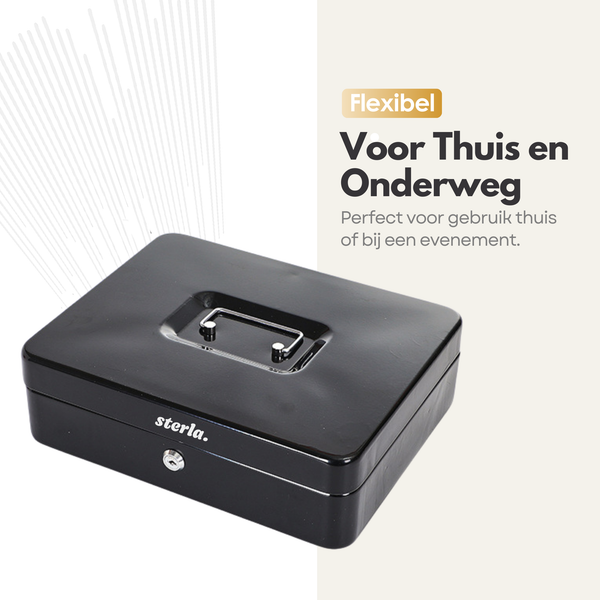 Sterla Geldkist – Met Sleutel en Muntsorteerder – Geldkistje Metaal 30 x 24 x 9 cm – Robuuste Geldlade met Biljetten- en Muntenbak – Zwart
