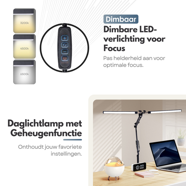 2in1 Verstelbare LED Bureaulamp - 3 Lichtstanden - Dimbaar - Verstelbaar - Met Klembevestiging & Poot - Zwart