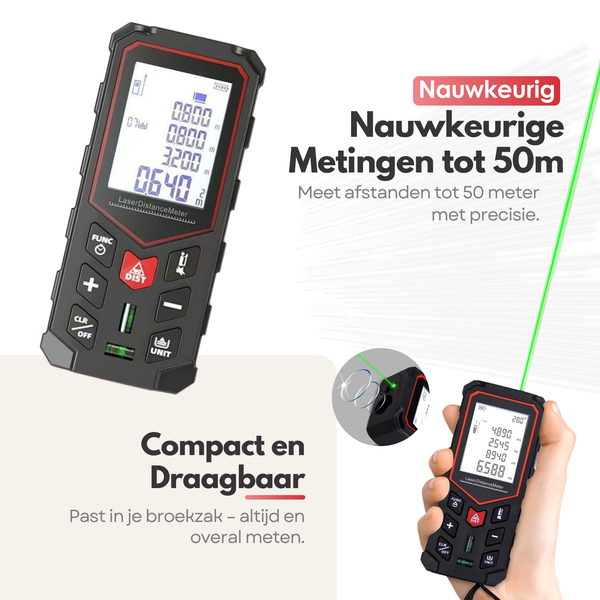Maltrex Laser Afstandsmeter Digitaal – Nauwkeurige Lasermeter tot 50 Meter – Met 2 Waterpassen – Inclusief Batterijen en Opberghoes