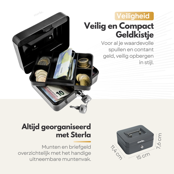 Sterla Geldkist – Metalen Geldkistje 20 x 16 x 9 cm Robuuste Geldkluis voor Veilig Geldbeheer – Zwart