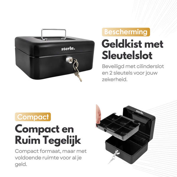 Sterla Geldkist – Metalen Geldkistje 20 x 16 x 9 cm Robuuste Geldkluis voor Veilig Geldbeheer – Zwart