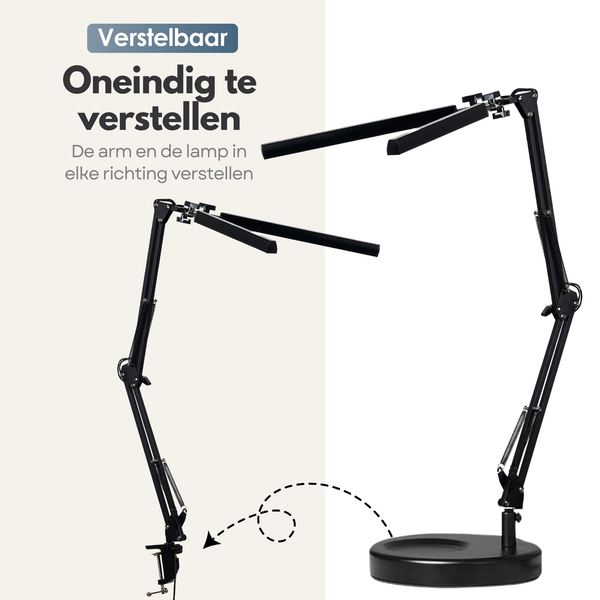 2in1 Verstelbare LED Bureaulamp - 3 Lichtstanden - Dimbaar - Verstelbaar - Met Klembevestiging & Poot - Zwart