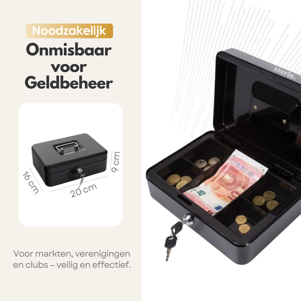Sterla Geldkist – Metalen Geldkistje 20 x 16 x 9 cm Robuuste Geldkluis voor Veilig Geldbeheer – Zwart