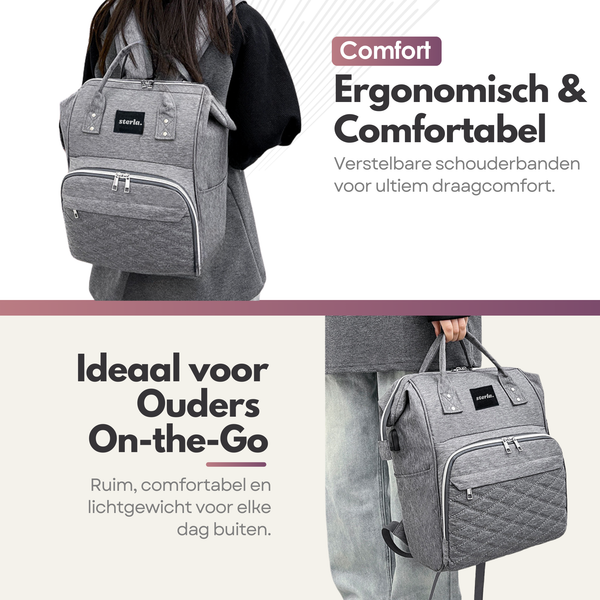 Sterla Luiertas Rugzak met USB-Aansluiting – Ruime Mama Tas met Geïsoleerde Vakken - Inclusief Kinderwagen Haken en Waterafstotend Materiaal – Grijs