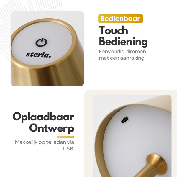 Oplaadbare Tafellamp met 3 Kleuren Dimbare LED's - 38cm Tafel Touch Lamp - 5200mAh Batterij - Goud