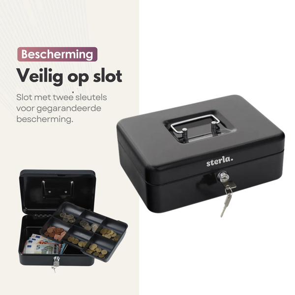 Sterla Geldkist – Metalen Geldkistje 20 x 16 x 9 cm Robuuste Geldkluis voor Veilig Geldbeheer – Zwart