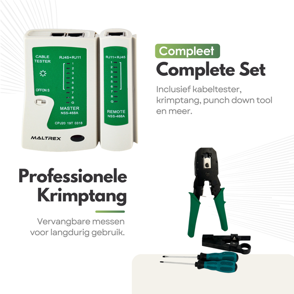 21-Delige Netwerktester Set – Complete LAN Tester Kabeltest- en Reparatieset voor RJ11/RJ45, Inclusief Opberg Etui en Gereedschap