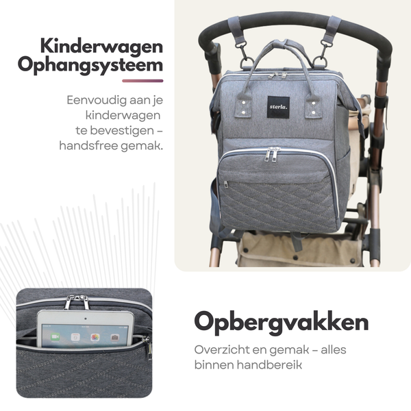 Sterla Luiertas Rugzak met USB-Aansluiting – Ruime Mama Tas met Geïsoleerde Vakken - Inclusief Kinderwagen Haken en Waterafstotend Materiaal – Grijs