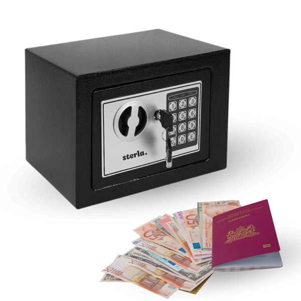 Coffre-fort électronique Sterla avec serrure à combinaison – Inclut 2 clés de secours et le matériel de montage – Sûr et fiable – Noir – 23 x 17 x 17 cm
