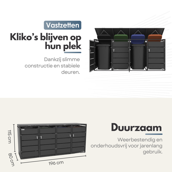 Kastrex Container Ombouw Kast - Voor 4 Kliko's - Weerbestendig & Onderhoudsvrij - Gecoat Staal