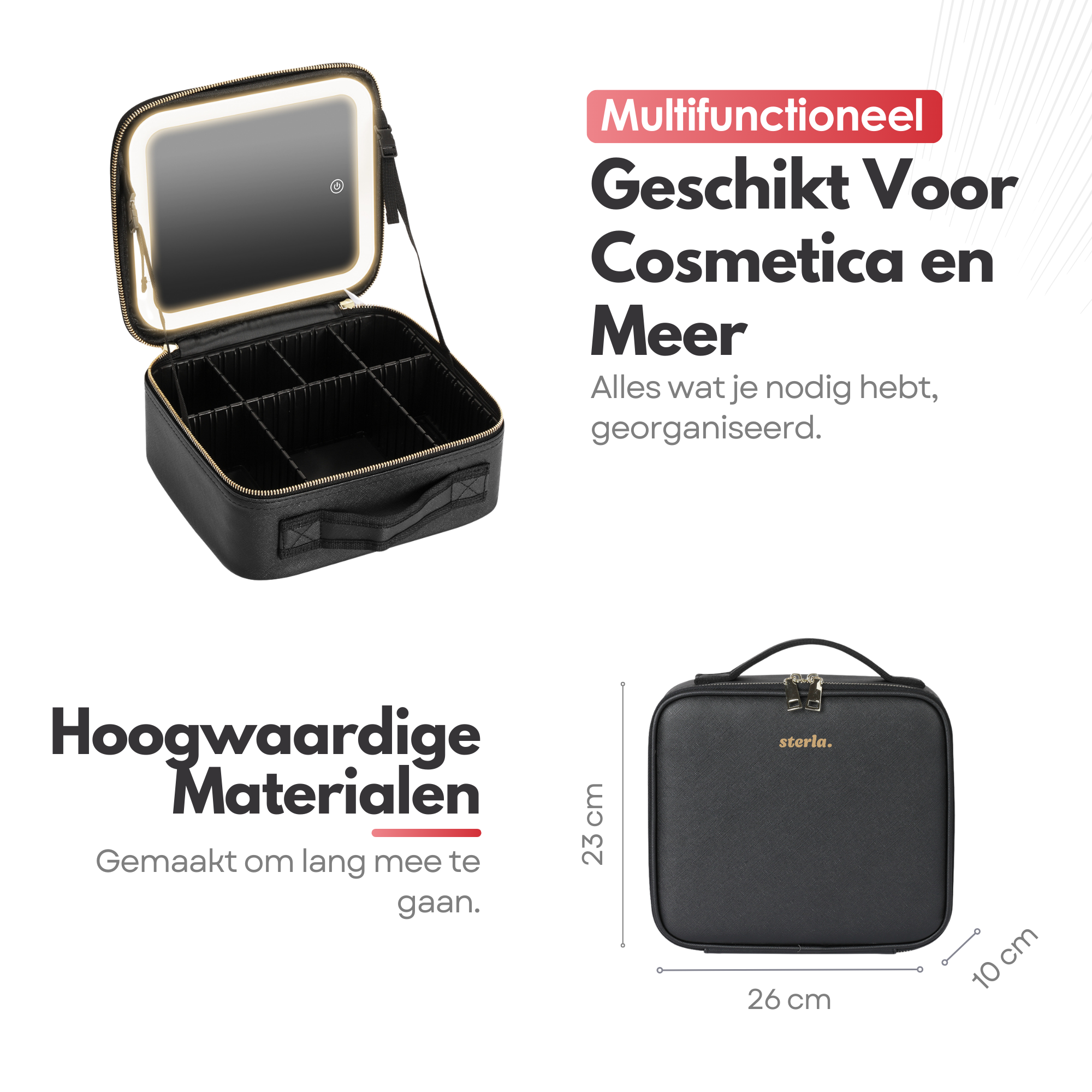 Kalolary Reis-beautycase met led-spiegel, make-uptas voor op reis met 3 verlichtingsmodi, draagbaar, professioneel, make-uptas Kalolary Reis-beautycase met led-spiegel, make-uptas voor op reis met 3 verlichtingsmodi, draagbaar, professioneel, make-uptas