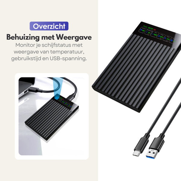 Premium Externe 2.5" HDD / SSD Behuizing met LCD Display – Compacte Opslagoplossing met SATA III en USB 3.0 Aansluiting - Zwart