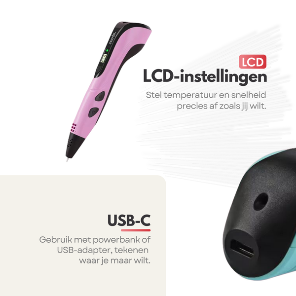 Premium 3D Pen Starterset USB-C – 3D Tekenpen met Filament – LCD Display – Kindvriendelijk – Roze