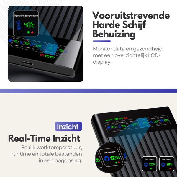 Premium Externe 2.5" HDD / SSD Behuizing met LCD Display – Compacte Opslagoplossing met SATA III en USB 3.0 Aansluiting - Zwart