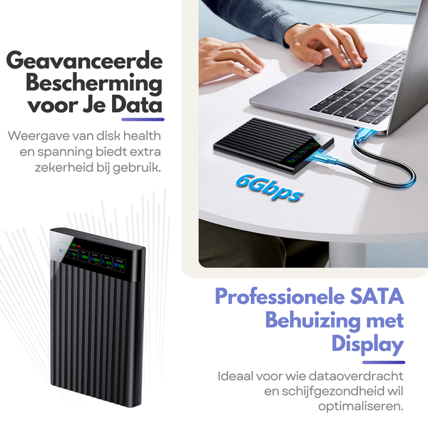 Premium Externe 2.5" HDD / SSD Behuizing met LCD Display – Compacte Opslagoplossing met SATA III en USB 3.0 Aansluiting - Zwart