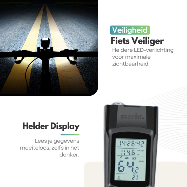 Draadloze Fietscomputer met Fietslamp – Waterdichte Kilometerteller & LED Verlichting – LCD Display – Voor Racefiets & Stadsfiets