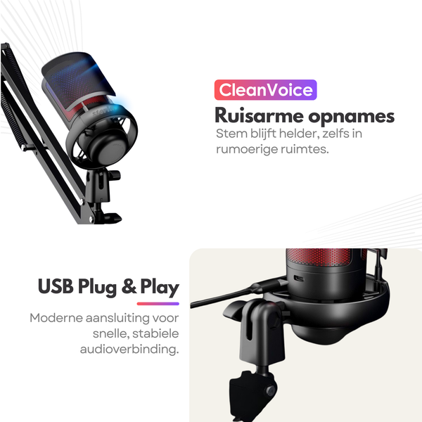 Premium RGB Microfoon met Verstelbare Arm – USB Plug & Play – Gaming Mic met POP Filter – Zwart