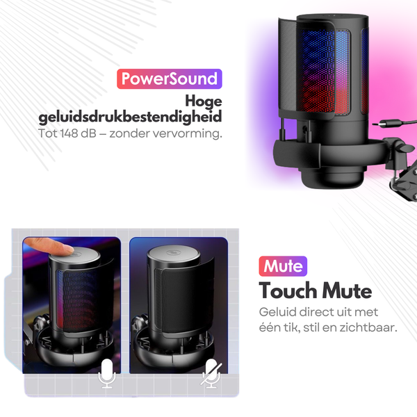 Premium RGB Microfoon met Verstelbare Arm – USB Plug & Play – Gaming Mic met POP Filter – Zwart