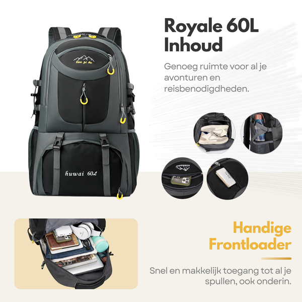 Sterla Premium Backpack 60L – Duurzame Reistas met Verstelbaar Rugsysteem, Regenhoes & Veiligheidsfluitje - Grijs