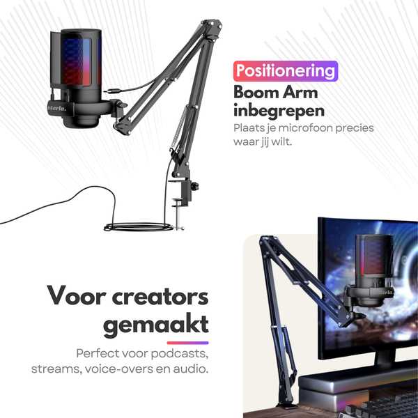 Premium RGB Microfoon met Verstelbare Arm – USB Plug & Play – Gaming Mic met POP Filter – Zwart