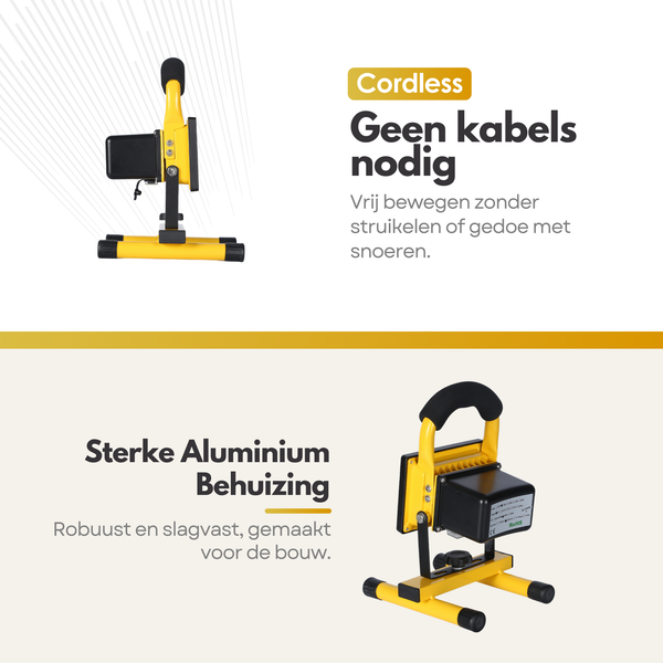 Draagbare LED Bouwlamp 10W – 900 Lumen – Oplaadbaar – IP65 – 4000mAh – Werklamp Binnen & Buiten – Met USB Autolader