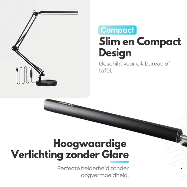 Verstelbare LED Bureaulamp - 3 Lichtstanden - Dimbaar - Verstelbaar - Met Klembevestiging - Zwart